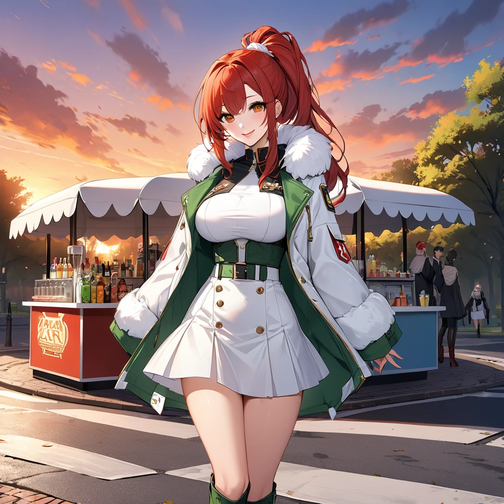 A woman wearing a cold white fur jacket, luxury jacket, white skirt, big breasts, short skirt, moss green leather boots, reddish red hair, ponytail hair, orange eyes, smiling, standing in a sidewalk near a drinks stand in a park, at the end of the sunset, wide view of the sky, smiling, perfect lips, perfect eyes, (Azur_lane, RN_Zara)
