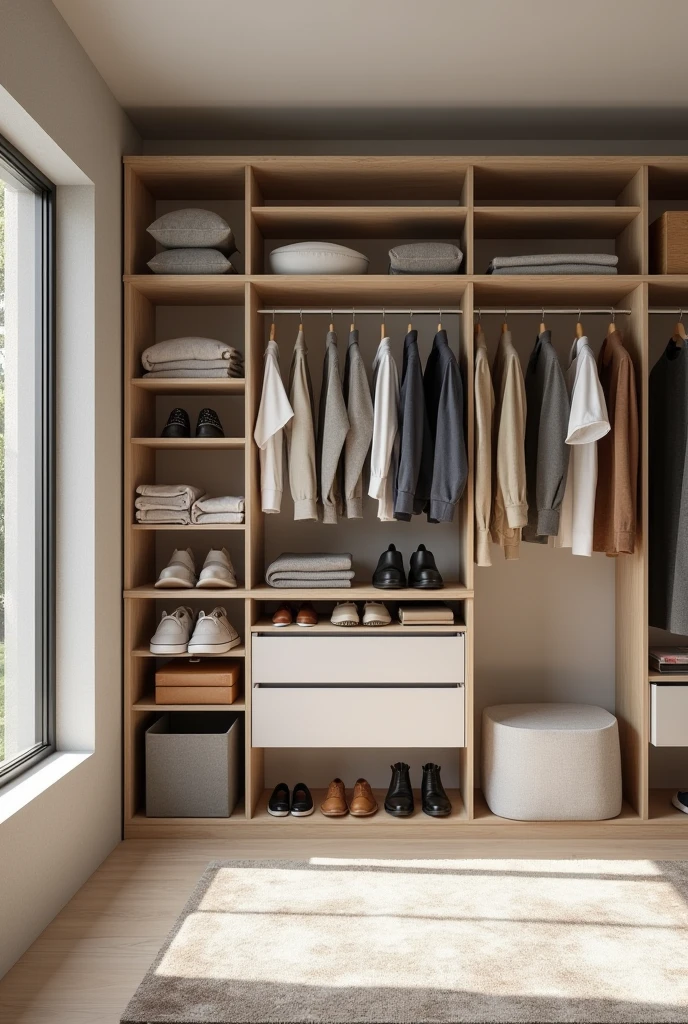 Create a closet that measures 2.75 x 1.58 M and have room for 20 pants, 30 t-shirts, 30 sweatshirts and 15 pairs of shoes