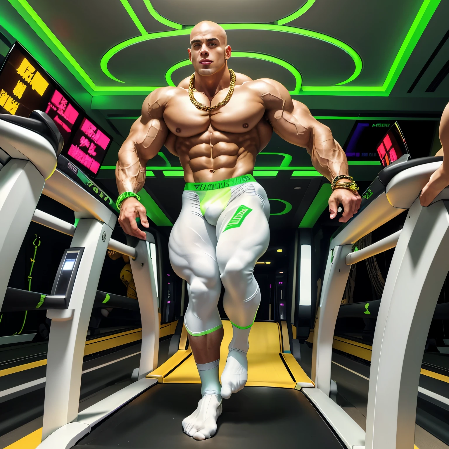 full view, full body, one Sexy young artificially tanned white bald over-musuclar man, shirtless wearing neon-green compression leggings and white futuristic running socks, shoes off, no shoes, gold chains, bracelets, rings, arrogantly running in his white futuristic socks on treadmill in gym, showing off his white socks
