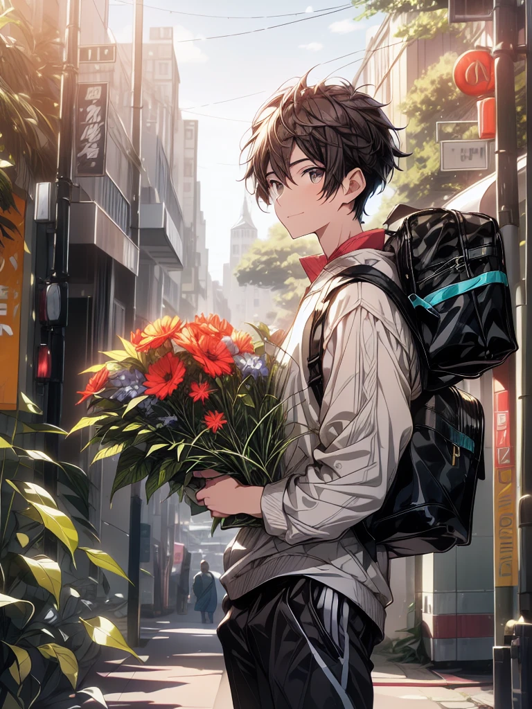 Vibrant, animated street scene in a bustling urban area. The layout features a central character, a young man with tousled dark hair, light skin, and a cheerful expression, walking confidently down a crosswalk. He is dressed casually in a beige t-shirt, green cargo pants, and white sneakers, carrying a book in his left hand and a black backpack on his shoulders. Surrounding him are various pedestrians, some in casual attire, walking in different directions. The background is filled with tall buildings adorned with colorful vertical signs in various languages, primarily Japanese, indicating shops and businesses. The sky is clear and blue, and the scene is bathed in bright daylight, with shadows cast by the buildings and a tree with green leaves providing some shade. (( Camera view : long shot))
