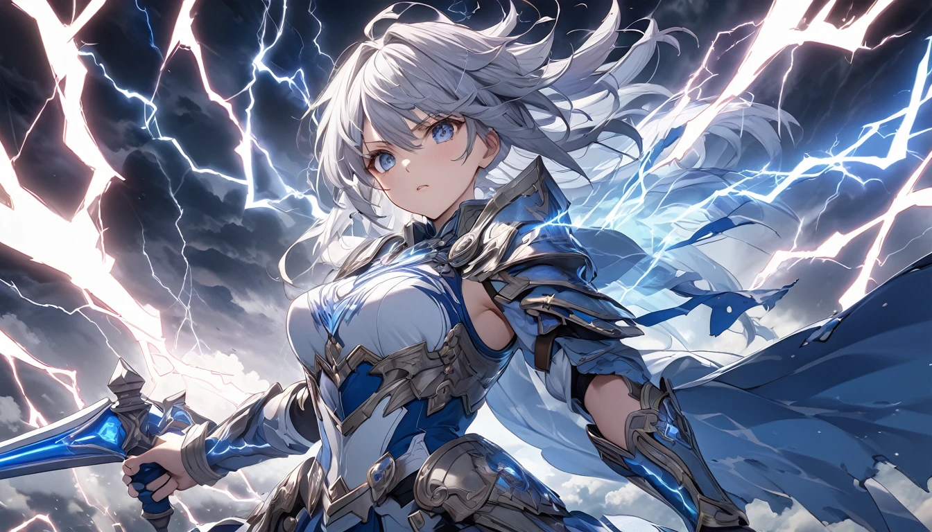 **238. One person。Thunderous female warrior fight scene。Storm-ravaged castle in the sky。Cowboy shot or close-up。
masterpiece, best quality, ultra detailed (Detailed fingers), (Emotional), (Breathtakingly beautiful),
(main part: 1.2 Whole body。), (Anime Style), (Very detailed), (Control the power of lightning),
(超High resolution, High resolution), (8k), (High resolution: 1.2), (Complex and beautiful: 1.2)**
- background: A thundering castle in the sky、Lightning flashes in all directions。
- Thunderous Warrior: Wearing steel armor、Control the power of lightning少女、Holds a lightning spear。
-pose: Swing the spear down、The moment that spurred the thunder。
-expression: Strong determination and a sharp gaze、Lightning-fast movement。
- Effects: The lightning from the spear pierces the enemy.、Instant destruction effect。
-color: Silver and blue lightning colors、A contrast that symbolizes the strength and overwhelming force of lightning.。