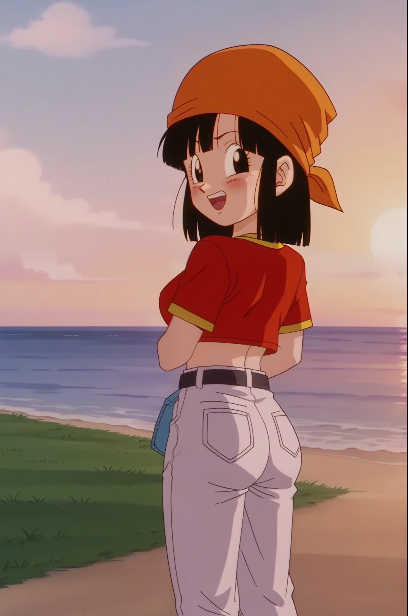 source_anime, score_9, score_8_up, score_7_up, anime screencap,
pangt, 1girl, bangs, blushing, grass, black hair, sunset, Watching the sunset, beach in open sea sunset, sun, collarbone, whole body, teeth, blunt bangs, outdoors, black eyes, eyelashes, upper teeth only, red crop top, bandana, retro artstyle, , 1990s \(style\), orange headwear, melancholic, thoughtful, hand on the chin, medium ass, breasts