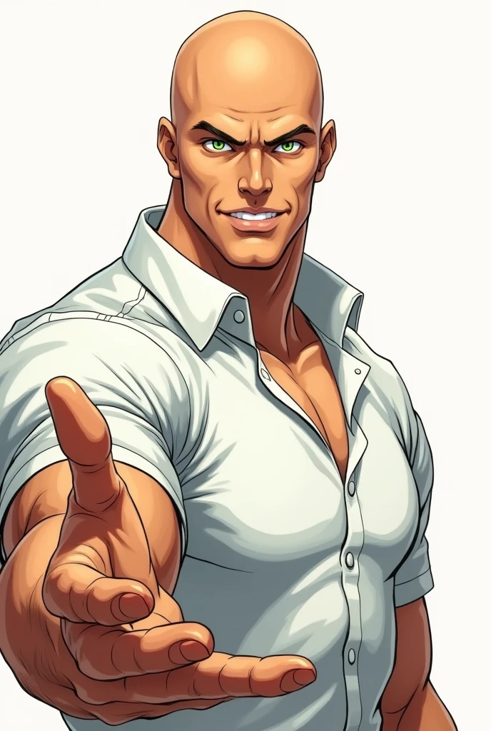 Create a black manga character, baldie, strong muscles, sexy look and a little smile, Human appearance, with a white polo shirt and a cleaner background, green eyes and an outstretched hand