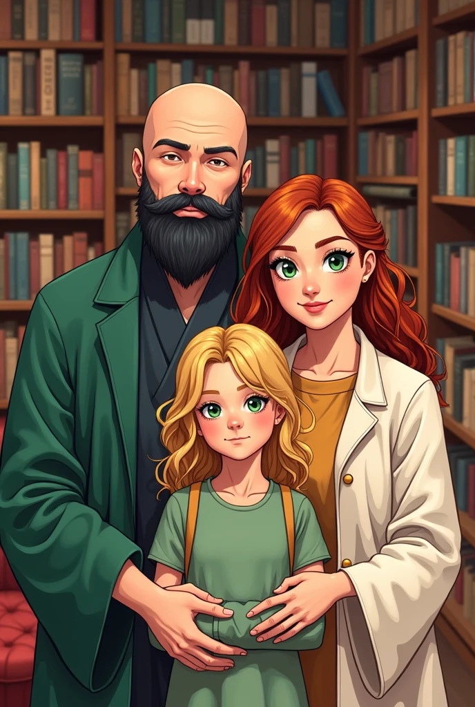 a white male family, Cao Cao, calvo, black beard, greeneyes
uma mulher adulta, white de greeneyes com o cabelo castanho-acobreado, straight and without bangs parted in the middle an 18 year old girl, white, greeneyes, curly blonde shoulder length hair illustration style, sticker, bookstore background