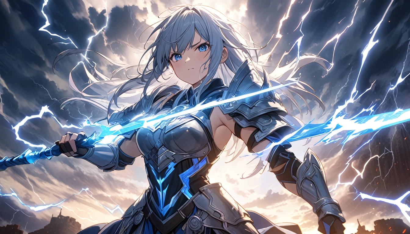 **238. One person。Thunderous female warrior fight scene。Storm-ravaged castle in the sky。Cowboy shot or close-up。
masterpiece, best quality, ultra detailed (Detailed fingers), (Emotional), (Breathtakingly beautiful),
(main part: 1.2 Whole body。), (Anime Style), (Very detailed), (Control the power of lightning),
(超High resolution, High resolution), (8k), (High resolution: 1.2), (Complex and beautiful: 1.2)**
- background: A thundering castle in the sky、Lightning flashes in all directions。
- Thunderous Warrior: Wearing steel armor、Control the power of lightning少女、Holds a lightning spear。
-pose: Swing the spear down、The moment that spurred the thunder。
-expression: Strong determination and a sharp gaze、Lightning-fast movement。
- Effects: The lightning from the spear pierces the enemy.、Instant destruction effect。
-color: Silver and blue lightning colors、A contrast that symbolizes the strength and overwhelming force of lightning.。