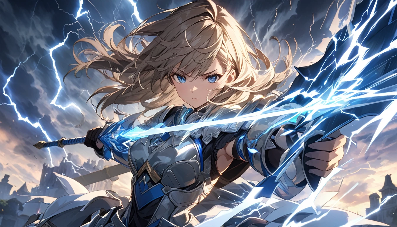 **238. One person。Thunderous female warrior fight scene。Storm-ravaged castle in the sky。Cowboy shot or close-up。
masterpiece, best quality, ultra detailed (Detailed fingers), (Emotional), (Breathtakingly beautiful),
(main part: 1.2 Whole body。), (Anime Style), (Very detailed), (Control the power of lightning),
(超High resolution, High resolution), (8k), (High resolution: 1.2), (Complex and beautiful: 1.2)**
- background: A thundering castle in the sky、Lightning flashes in all directions。
- Thunderous Warrior: Wearing steel armor、Control the power of lightning少女、Holds a lightning spear。
-pose: Swing the spear down、The moment that spurred the thunder。
-expression: Strong determination and a sharp gaze、Lightning-fast movement。
- Effects: The lightning from the spear pierces the enemy.、Instant destruction effect。
-color: Silver and blue lightning colors、A contrast that symbolizes the strength and overwhelming force of lightning.。