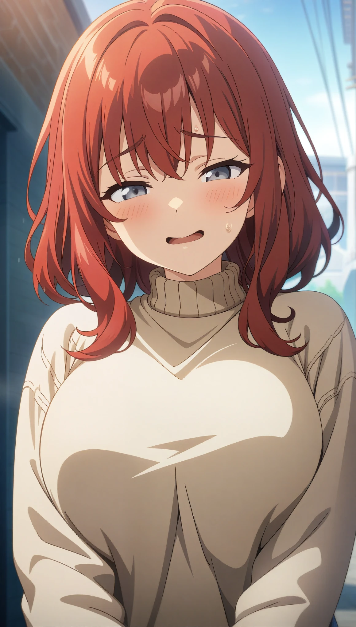 (masterpiece:1.3), (best quality:1.3), (very detailed), anime style:0.1, game cg, anime coloring,((simple background)),outside,1girl,Red hair, Grey Eyes, Beige sweater, Blue jeans, Confused expression, Smiling mouth, Close your eyes,Big Breasts,cold sweat,upper body,facing viewer