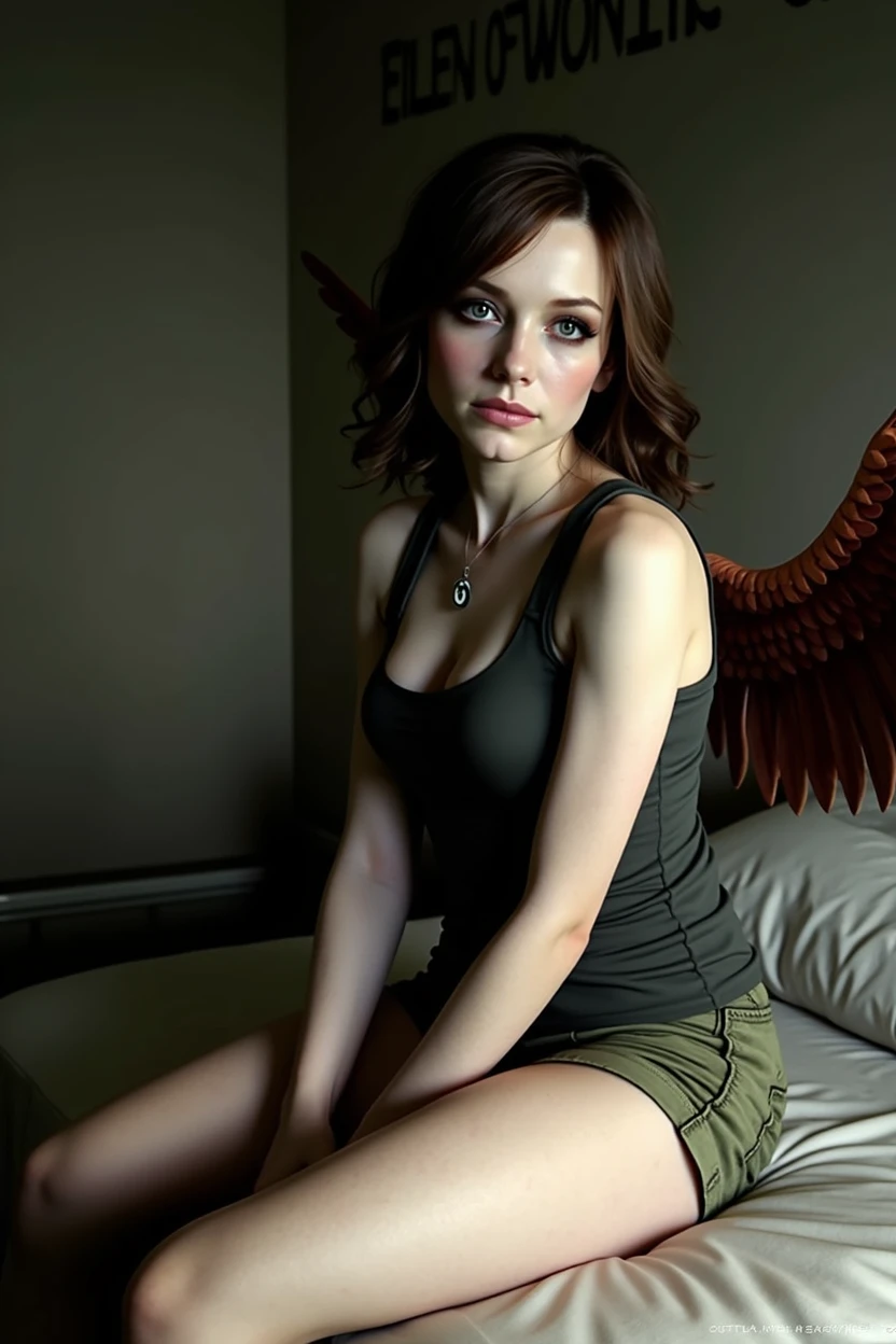 Eileen galvin de Silent Hill 4, with angel wings, sitting on the bed, word angel of women written on the wall, with 1 squint eye, old green shorts