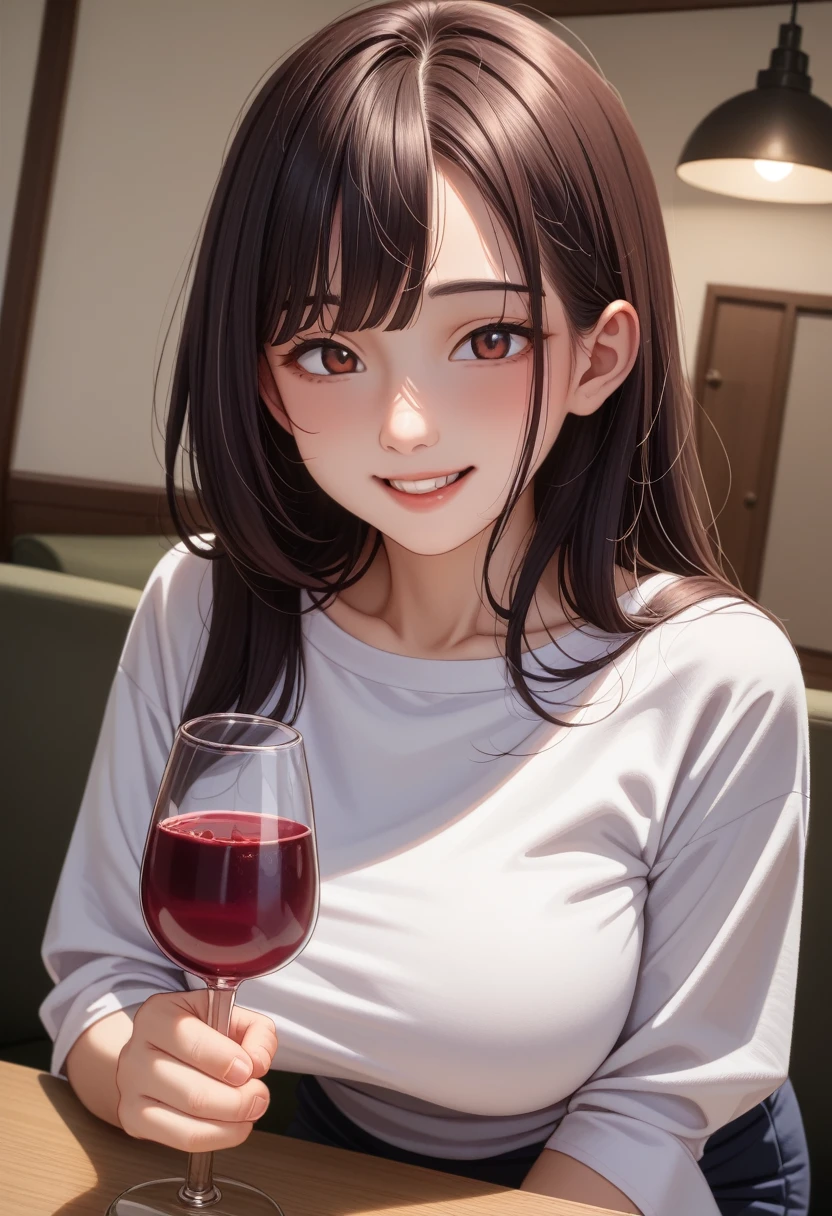 woman、cute、become intoxicated、drinking、Disheveled clothing、blush、Skin is visible、Big Breasts、smile、Hotel Room、wine glass、Drunk、Take off your clothes、night、night景、Disheveled shirt