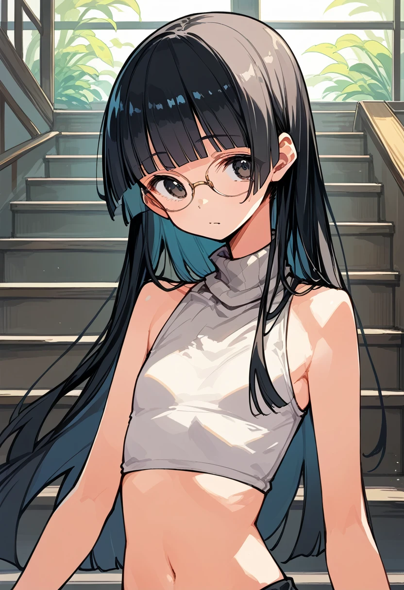 The sides of the upper body are completely exposed,側面が完全に空いているデザインのSleeveless turtleneck,Exposed from the flank to the chest,Protruding ribs,Exposed waistline,Super low rise,Not wearing an inner layer、胸元が開いたデザインのSleeveless turtleneck,Exposed chest、Exposed flanks,sexy,Flat Chest,Focus on your audience,Very thin body,Anime Style,Slim figure,delicate,Glasses,Asian woman wearing a grey top posing on the stairs, Sleeveless turtleneck_Baggy, 脇が完全に開いているSleeveless turtleneck_Relaxed back design,rib cage,Side bust,Shoulders are wide open,sexyなWearing a crop top, Photos of slim models, Chiho, T-Top, shikamimi, Wearing a crop top, Real anime, Kurohime cut hair, Chassis, 2 4-year-old female model