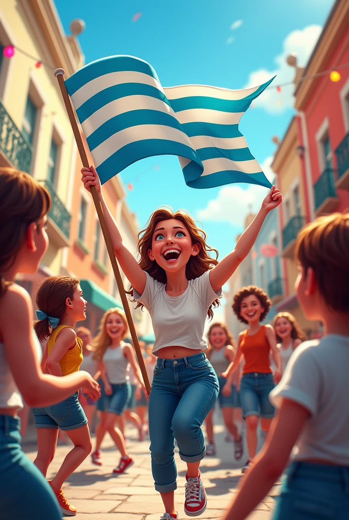CREATE AN ILLUSTRATION WITH HAPPY PEOPLE, ONE OF THEM CARRIES A BLUE WHITE BLUE FLAG