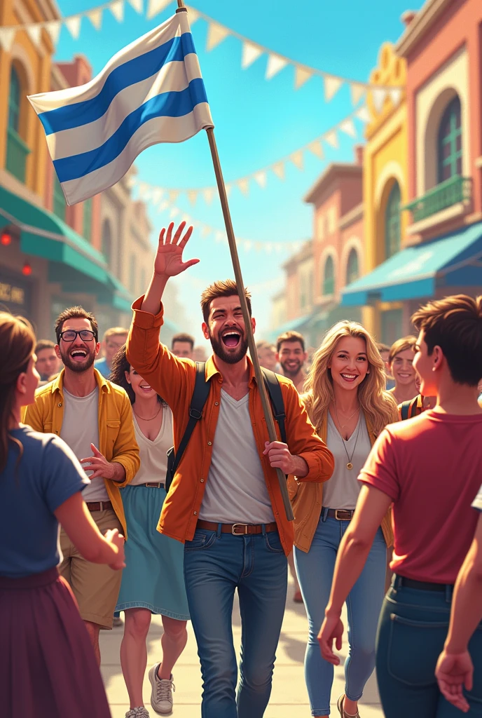 CREATE AN ILLUSTRATION WITH HAPPY PEOPLE, ONE OF THEM CARRIES A BLUE WHITE BLUE FLAG