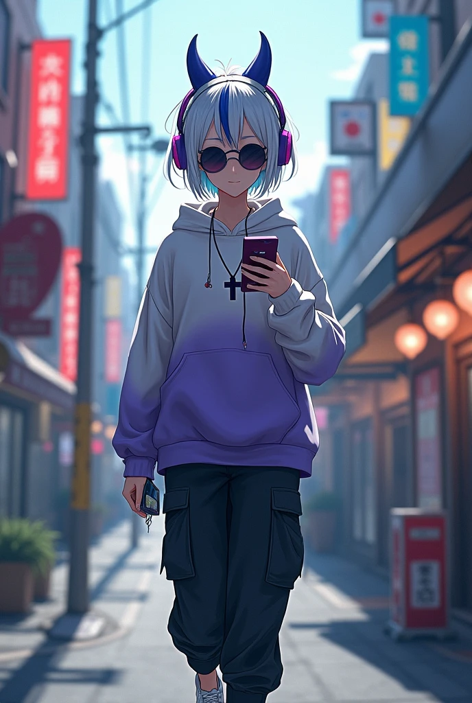demon girl, White and blue hair, short hair,He wears a white and purple sweatshirt,a cross necklace,wear sunglasses,use headphones,wear black cargo pants,white tennis shoes and walks down a Japanese street while looking at his cell phone