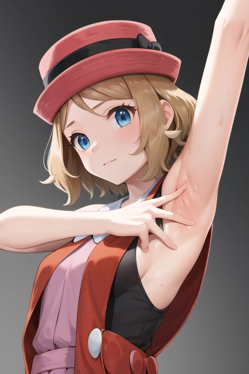 masterpiece, Best Quality, High resolution, bbserena, Alone, short hair, pink hats, eyelashes, blue eyes, looking at the viewer, Neckband, blue ribbon, (pink dress:1.2), sleeveless,(bare shoulders, wide shoulders), standing, cowboy shot, city,sweat,confused,(show off armpits,upper body:1.4),arm up, raised arm, armpit, (from side, from below:1.4)