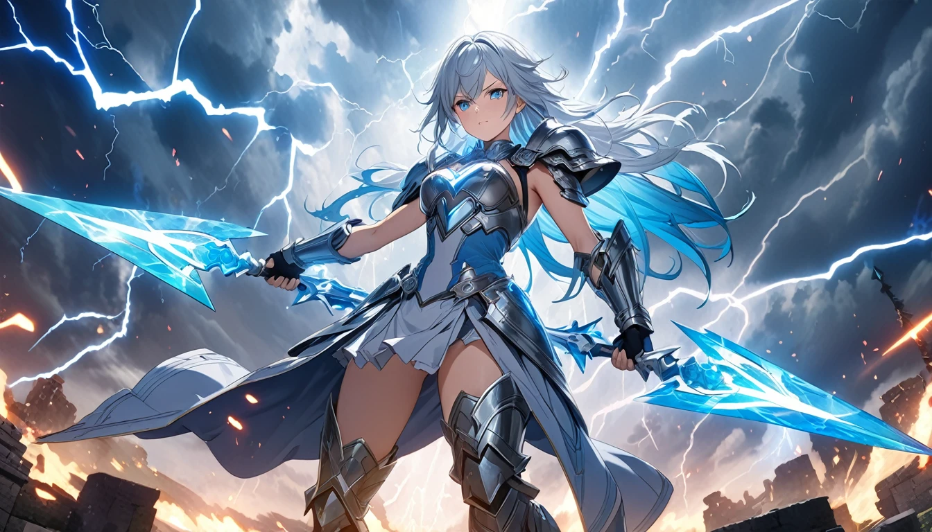 **238. One person。Thunderous female warrior fight scene。Storm-ravaged castle in the sky。Cowboy shot or close-up。
masterpiece, best quality, ultra detailed (Detailed fingers), (Emotional), (Breathtakingly beautiful),
(main part: 1.2 Whole body。), (Anime Style), (Very detailed), (Control the power of lightning),
(超High resolution, High resolution), (8k), (High resolution: 1.2), (Complex and beautiful: 1.2)**
- background: A thundering castle in the sky、Lightning flashes in all directions。
- Thunderous Warrior: Wearing steel armor、Control the power of lightning少女、Holds a lightning spear。
-pose: Swing the spear down、The moment that spurred the thunder。
-expression: Strong determination and a sharp gaze、Lightning-fast movement。
- Effects: The lightning from the spear pierces the enemy.、Instant destruction effect。
-color: Silver and blue lightning colors、A contrast that symbolizes the strength and overwhelming force of lightning.。