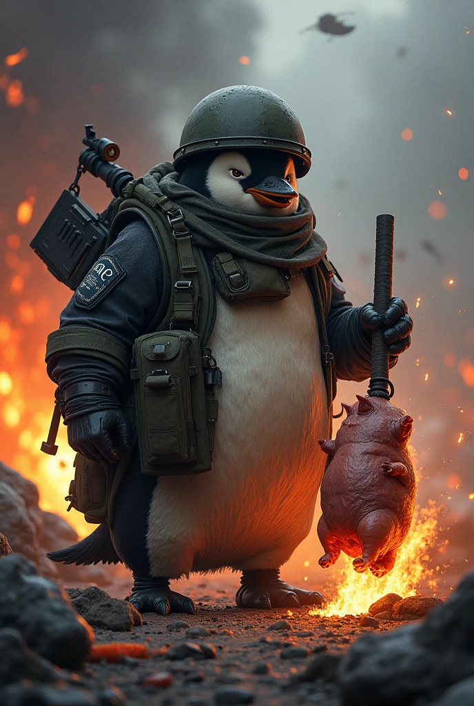 penguin, standing in blood, Combat equipment like a soldier, grills a suckling pig on a spit rotating, fire and detonations in the background,brutal environment, rich colors, Machine gun over the shoulder, grim-looking,