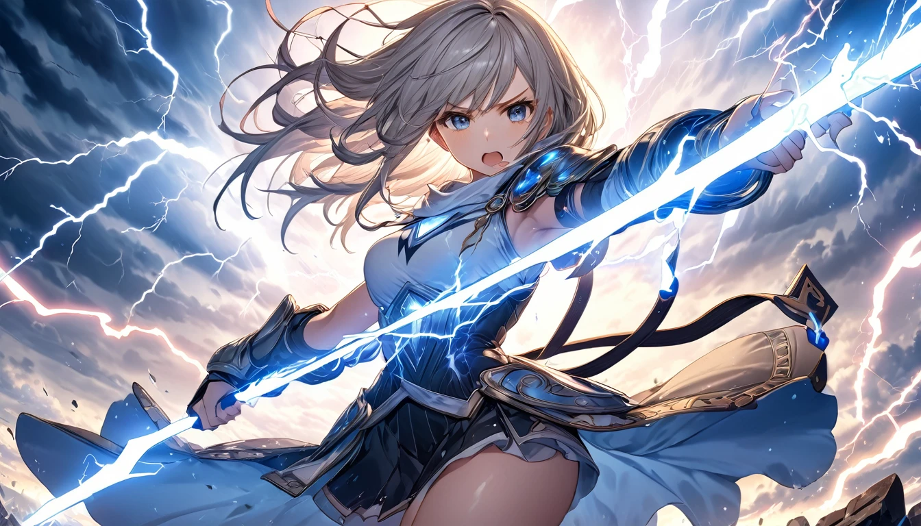 **238. One person。Thunderous female warrior fight scene。Storm-ravaged castle in the sky。Cowboy shot or close-up。
masterpiece, best quality, ultra detailed (Detailed fingers), (Emotional), (Breathtakingly beautiful),
(main part: 1.2 Whole body。), (Anime Style), (Very detailed), (Control the power of lightning),
(超High resolution, High resolution), (8k), (High resolution: 1.2), (Complex and beautiful: 1.2)**
- background: A thundering castle in the sky、Lightning flashes in all directions。
- Thunderous Warrior: Wearing steel armor、Control the power of lightning少女、Holds a lightning spear。
-pose: Swing the spear down、The moment that spurred the thunder。
-expression: Strong determination and a sharp gaze、Lightning-fast movement。
- Effects: The lightning from the spear pierces the enemy.、Instant destruction effect。
-color: Silver and blue lightning colors、A contrast that symbolizes the strength and overwhelming force of lightning.。