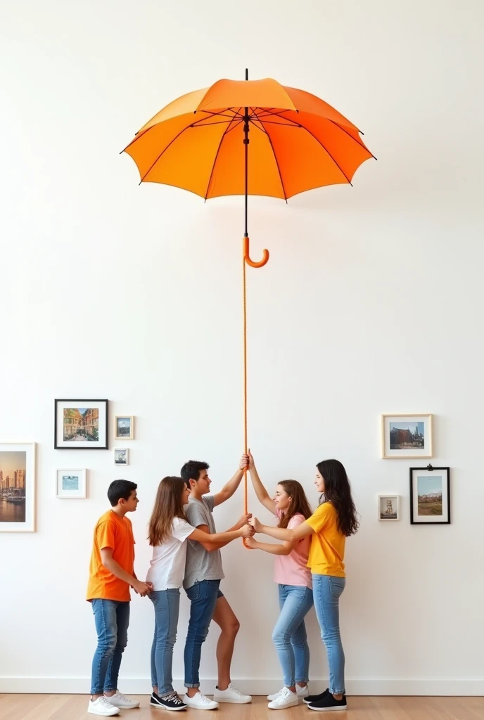 Young people holding an orange thread. An orange umbrella hangs in the thread. The background is a white wall which is flat. There are pictures hanging on the wall, the orange are