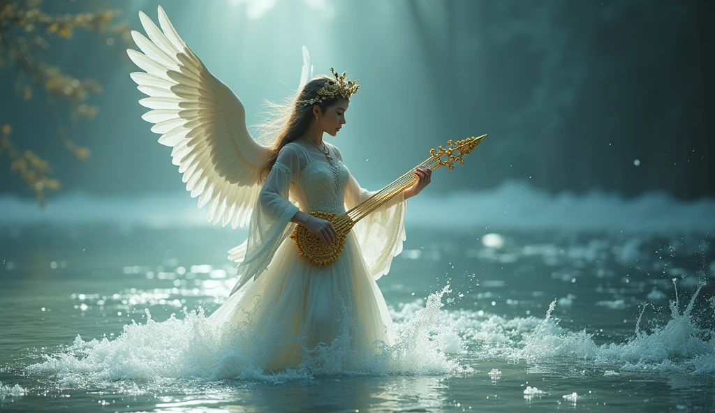 A goddess named Kinnara, half woman and half bird, floating under the waters of an almost frozen river, as if he had just come out of the water. Playing his golden heavenly stringed instrument. Emphasizing its bird characteristics, with discreet wings and a crown of swan wings. She has her legs showing through her dress. The scene is almost frozen, and she is in the foreground. In a very dramatic oriental aesthetic.