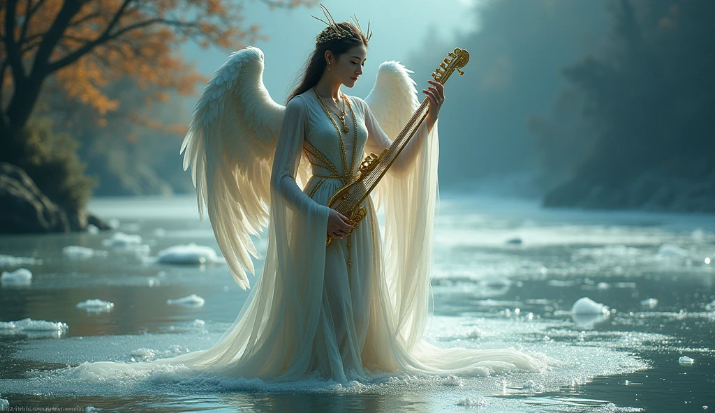 A goddess named Kinnara, half woman and half bird, floating under the waters of an almost frozen river, as if he had just come out of the water. Playing his golden heavenly stringed instrument. Emphasizing its bird characteristics, with discreet wings and a crown of swan wings. She has her legs showing through her dress. The scene is almost frozen, and she is in the foreground. In a very dramatic oriental aesthetic.