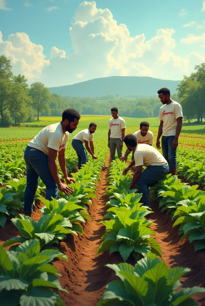 Des agriculteurs noir dans le champs avec des t-shirts avec mention Racines ONG