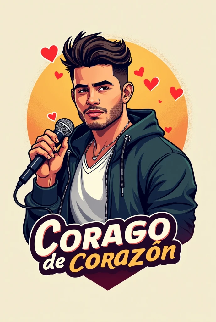  Make me a logo with the name of (millonario de corazón ❤️) in Spanish add a young man with a microphone artists 