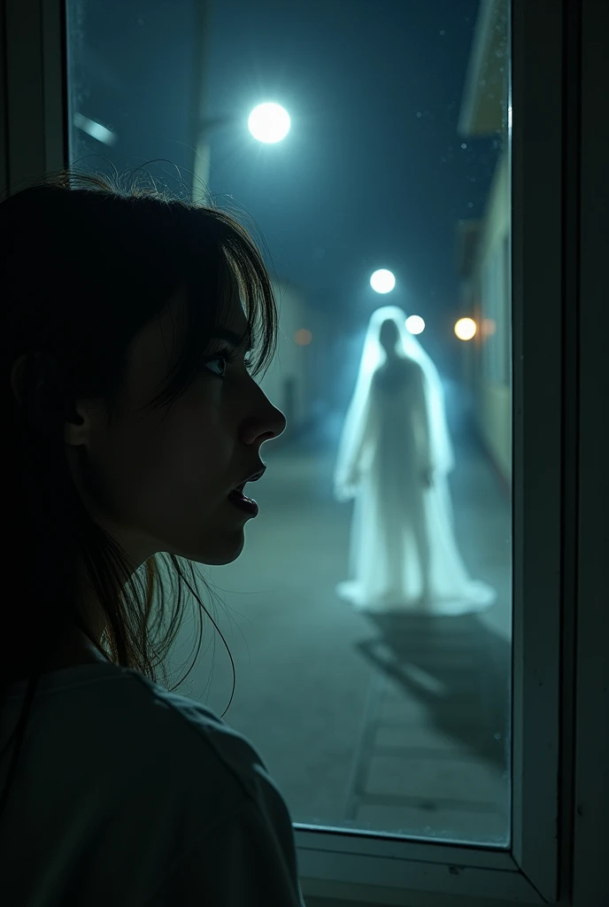 Hyperrealistic image 16:9, A frightened woman looking out of her bedroom window, that outside on the street there is a spectral figure walking on the street