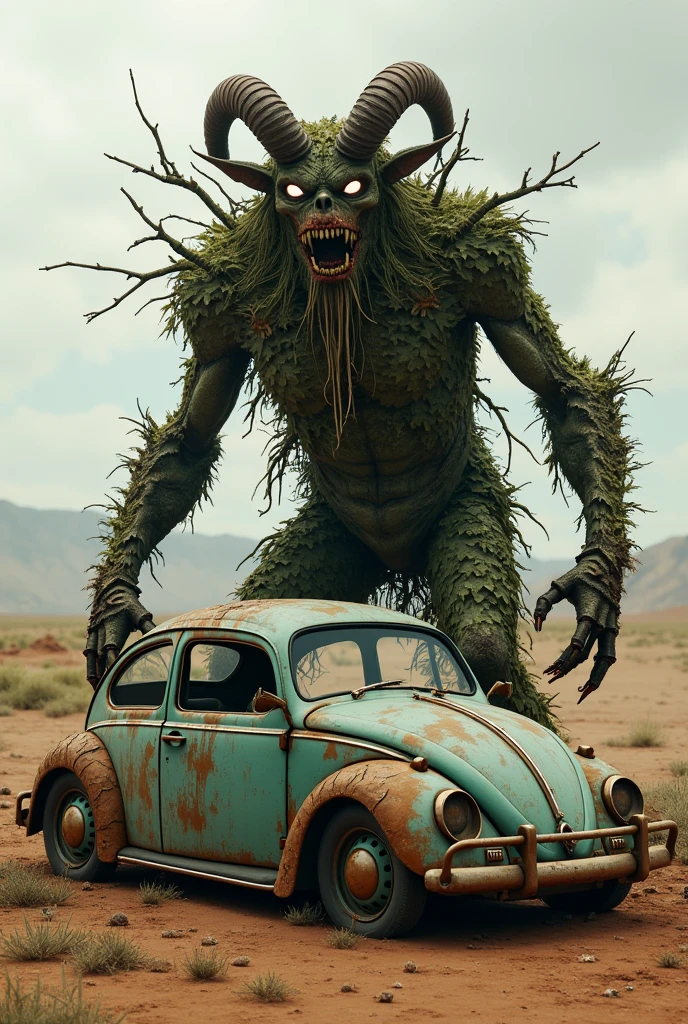a krampus of leaves and weeds next to a very low volkswagem fusca rathod mad max style
