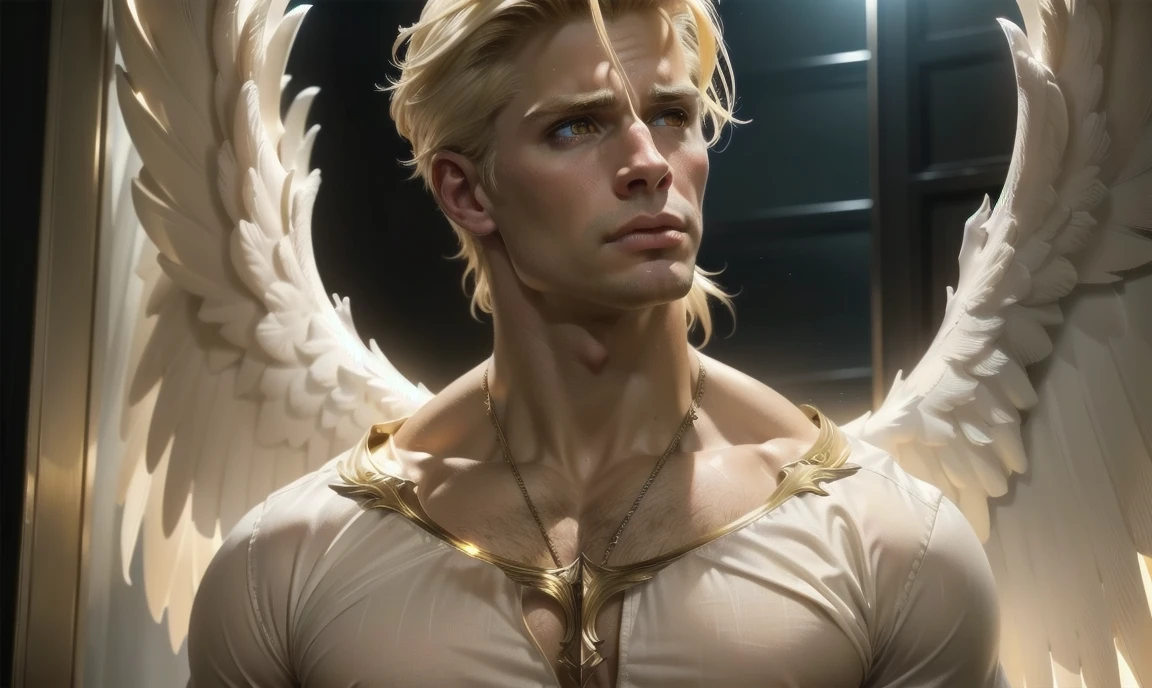 [((highly detailed, detailed eyes, detailed face, clear and realistic facial features, photorealistic, realistic light, cinematic)), (1 man), (((((Gorgeous perfect sexy powerful masculine male angel))))), (((two grand white wings coming from his back))), ((((short disheveled blond hair)))), ((((pale golden yellow eyes)))), ((35 years old)), ((wearing flattering angelic clothes)), (((aura of divine power))), standing in a cozy apartment at nighttime, ((light blush)), (((((wearing a clearly indignant expression)))))]