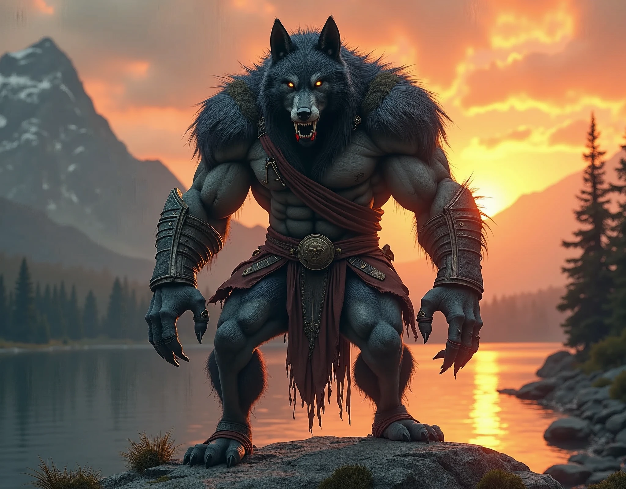 Create an epic scene with a werewolf warrior in a mountainous landscape at sunset. The impressive, muscular warrior wears detailed armor with leather and metal elements, which highlight his colossal arms and torso. His thick, black fur. His head is that of a ferocious wolf, with glowing eyes and a determined expression, drops of blood dripping from his fangs. He stands on a rock, looking forward majestically, while the sun sets behind him, illuminating the sky in orange and gold hues. In the background, a serene lake reflects the tree-covered mountains, creating a perfect contrast between the warrior's ferocity and the peace of the natural landscape.