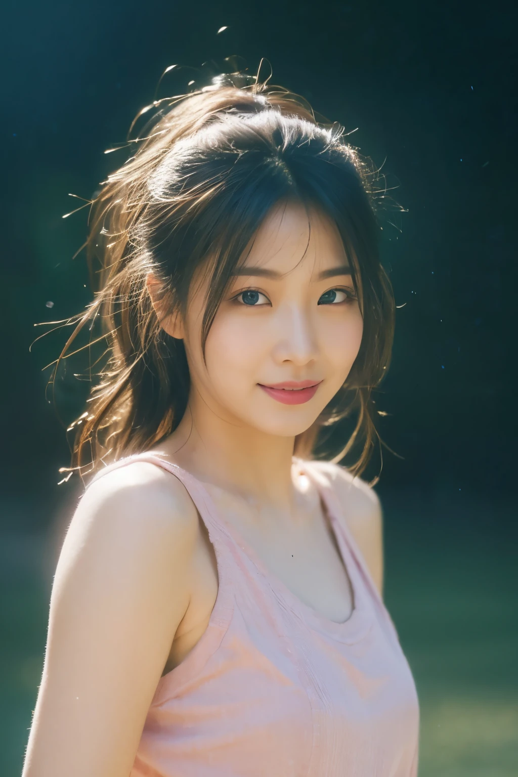(On a table, Best quality, realistically, ultra - detailed, meticulous, A high resolution, 8k wallpaper), Close-up portrait of a beautiful woman, Love, Smiling, light pink balayage hair, Perfect dynamic composition, Beautiful and meticulous eyes, Just like the cover of a fashion magazine, On campus