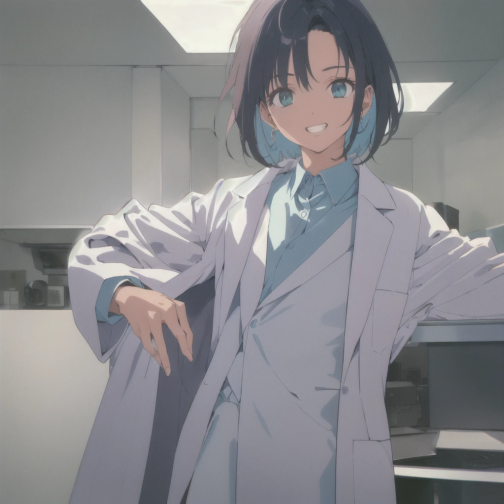 (masterpiece),best quality,portrait,looking at viewer,Look directly,(1990s (style)),dark cyan hair, light cyan eyes, tan skin, lab coat, tall eyes, slight grin