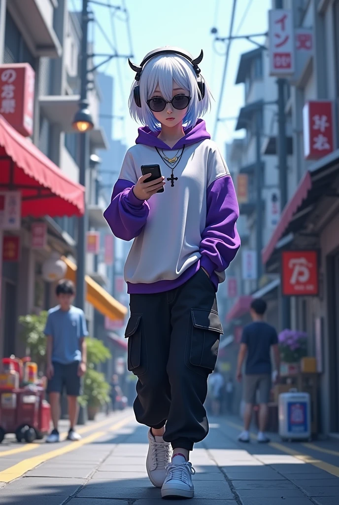 demon girl, White and blue hair, short hair,He wears a white and purple sweatshirt,a cross necklace,wear sunglasses,use headphones,wear black cargo pants,white tennis shoes and walks down a Japanese street while looking at his cell phone 