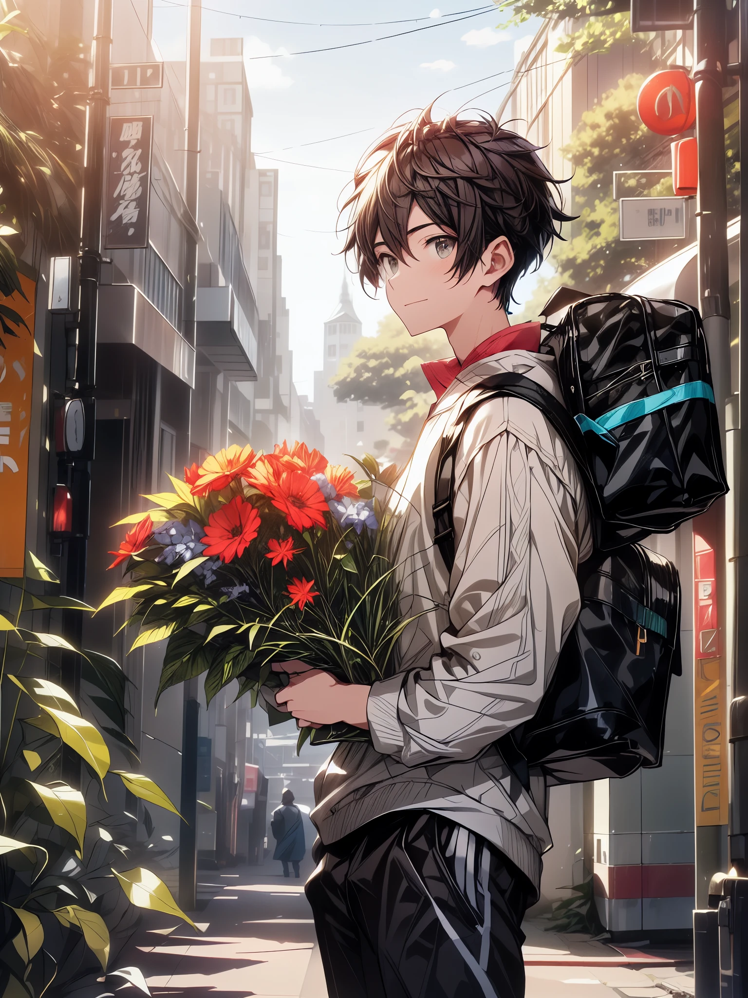 Vibrant, animated street scene in a bustling urban area. The layout features a central character, a young man with tousled dark hair, light skin, and a cheerful expression, walking confidently down a crosswalk. He is dressed casually in a beige t-shirt, green cargo pants, and white sneakers, carrying a book in his left hand and a black backpack on his shoulders. Surrounding him are various pedestrians, some in casual attire, walking in different directions. The background is filled with tall buildings adorned with colorful vertical signs in various languages, primarily Japanese, indicating shops and businesses. The sky is clear and blue, and the scene is bathed in bright daylight, with shadows cast by the buildings and a tree with green leaves providing some shade. (( Camera view : long shot))