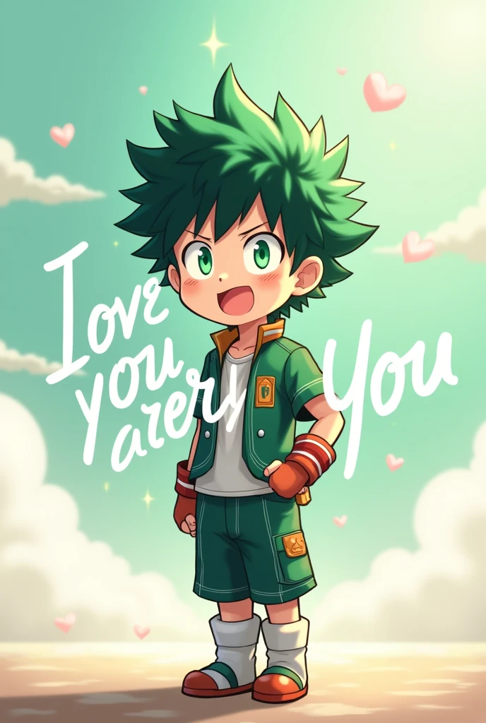 Create an image that says I love you arleyni, with the character deku from Boku no hero 