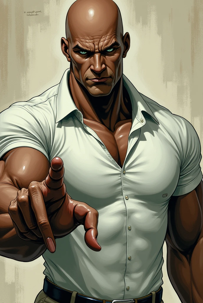 Crie um personagem de manga blacksad, baldie, strong muscles, sexy look and a little smile, Human appearance, with a white polo shirt and a cleaner background, green eyes and an outstretched hand, blacksad