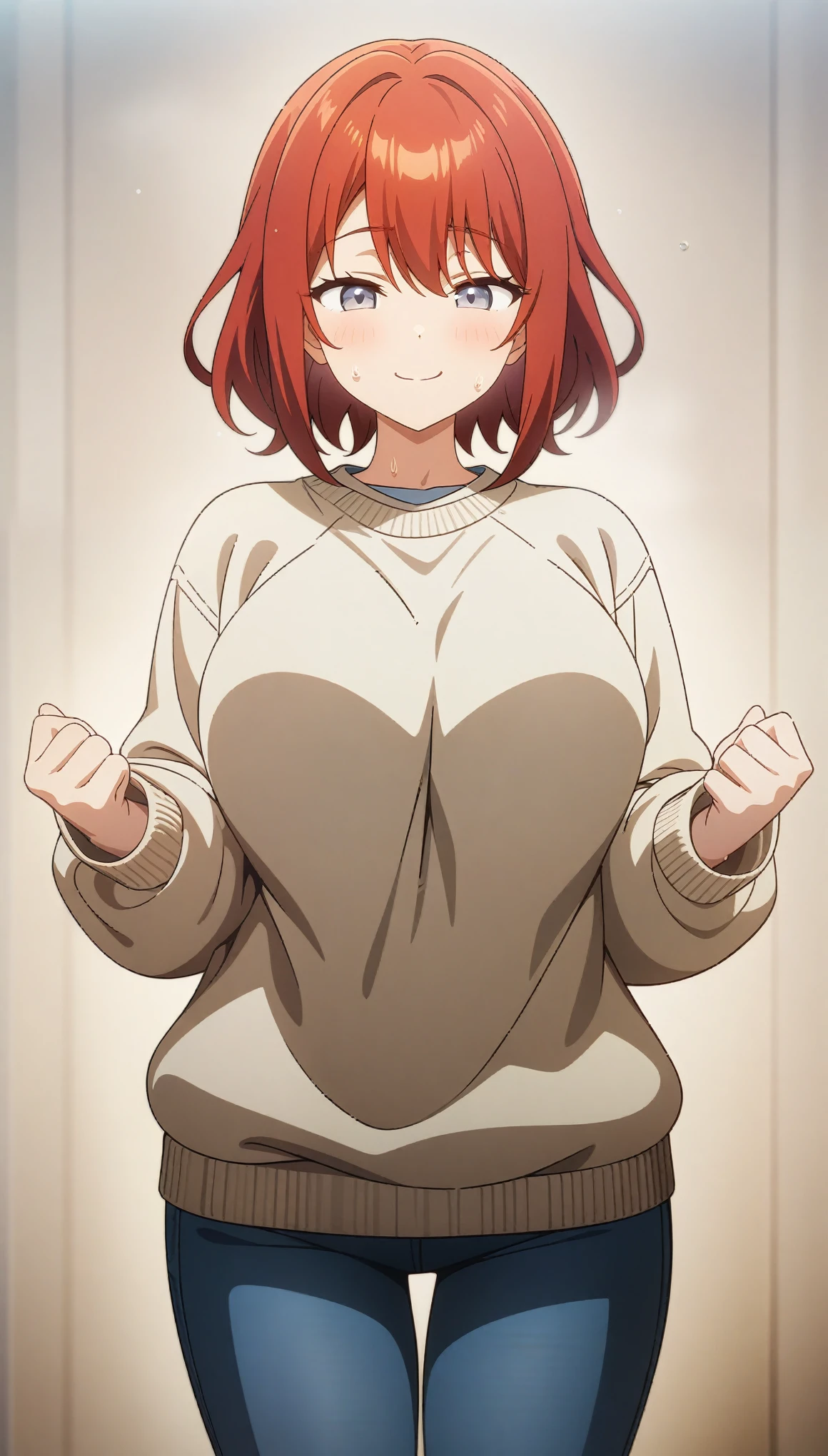 (masterpiece:1.3), (best quality:1.3), (very detailed), anime style:0.1, game cg, anime coloring,((simple background)),outside,1girl,Red hair, Grey Eyes, Beige sweater, Blue jeans, Confused expression, Smiling mouth, Close your eyes,Big Breasts,cold sweat,upper body,facing viewer,full body