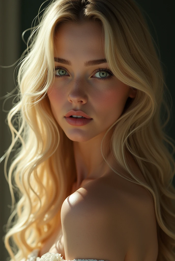(photorealism:1.2), beautiful women, longue hair blonde, mid boobs, green eyes 
