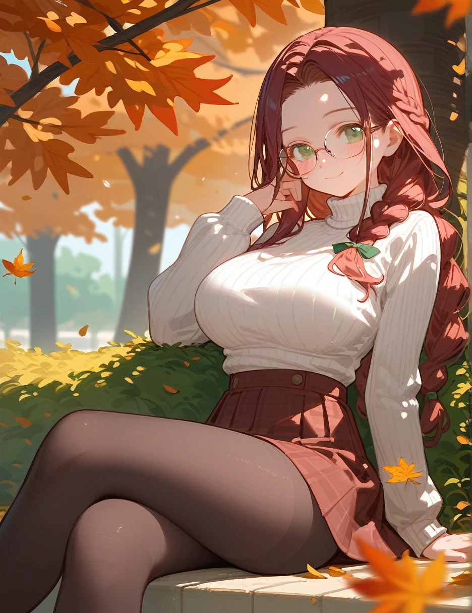 close up, (from below:0.4), autumn, score_9_up,score_8_up, 1girl, solo, green eyes, burgundy hair, braid, long hair, ((blush)), closed mouth, smile, big breast, pose, ((sitting)), (thin girl:1.2), (leaves), ((park)), glasses, turtleneck, skirt, tights