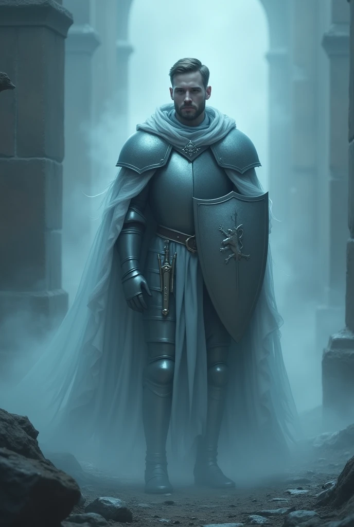 Generate a grayish blue ghost image. The ghost is a young knight, moreno, short-bearded with light armor and a kind face. On his shield and breastplate you can see the image of a lion and two magic wands.