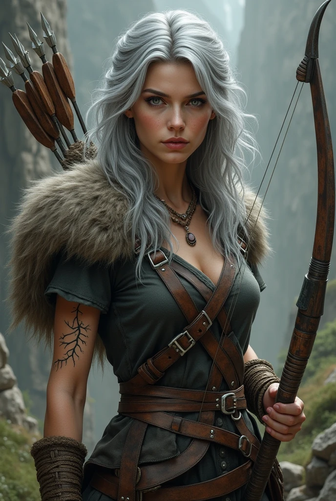 a beautiful woman with gray hair, light gray eyes, and fair skin, with a tattoo of roots on her wrist, wearing warrior clothing and holding a bow and arrow