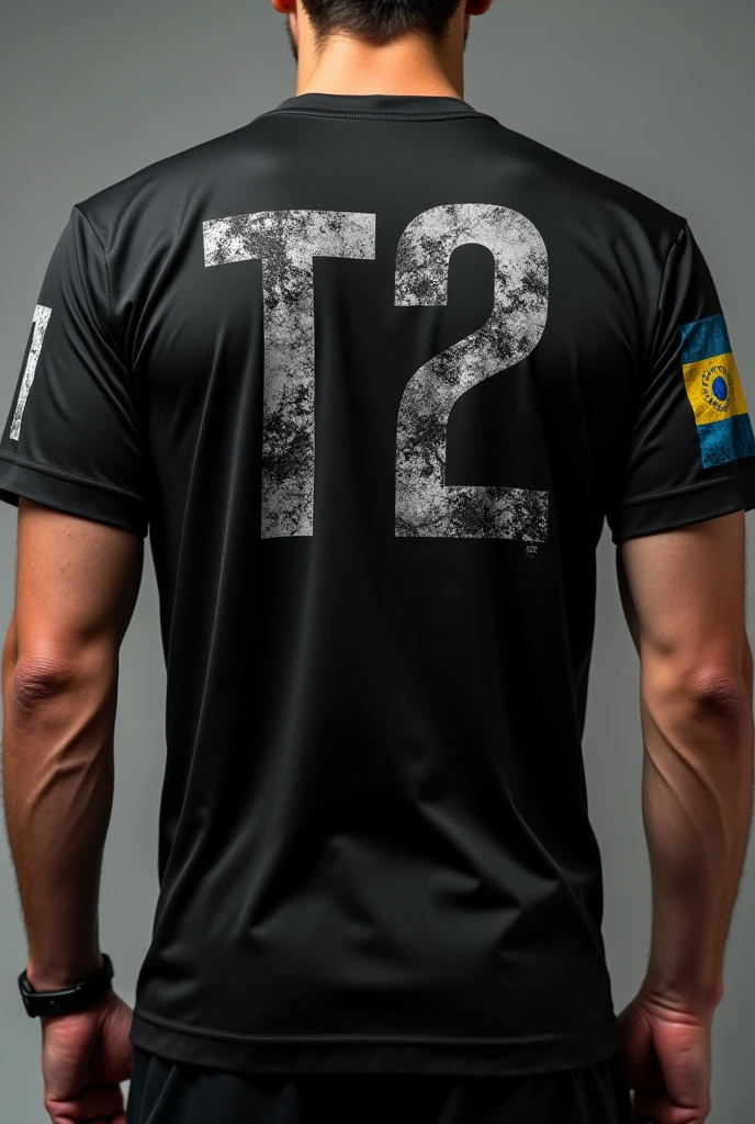Black dry fit t-shirt with scratched T2 logo on the back and the Paraguay flag on the sleeve 
