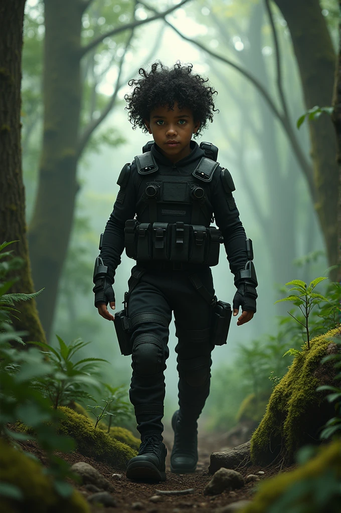 Create the image of a light-skinned boy, black curly hair, green eyes, muscular, dressed in a black combat suit in the middle of the forest
