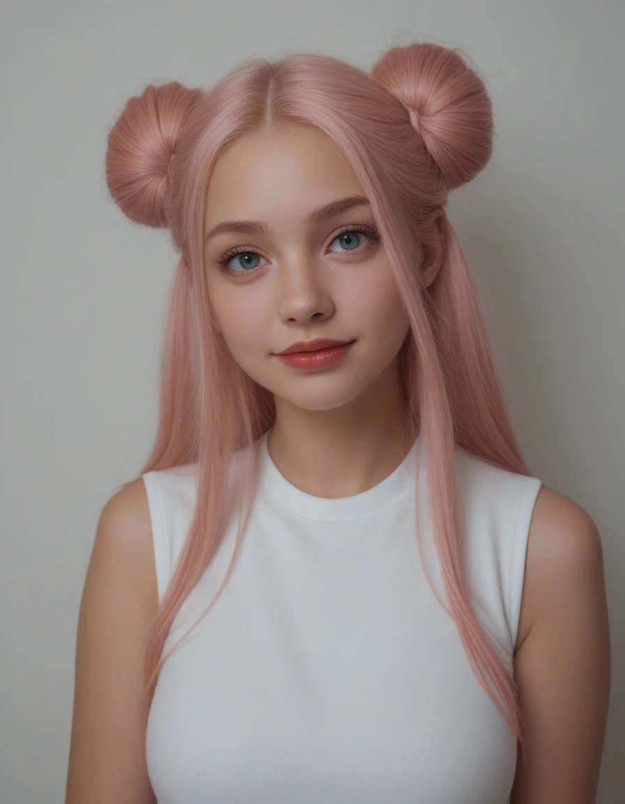 A young Japanese woman with a vibrant and striking appearance. Her hair is
of a pastel pink hue, styled in two high, messy buns,
with loose locks that frame her face. Her eyes are big
and an intense blue, which contrasts strongly with the color of its
hair of her, giving it an air of mystery and charm.
naturally lips and well defined red lips that form a radiant smile
 y pestañas largas y oscuras, big breast
She is of medium height, around 1.67 meters, with a 
well-proportioned, her skin is soft and clear, she is in airport