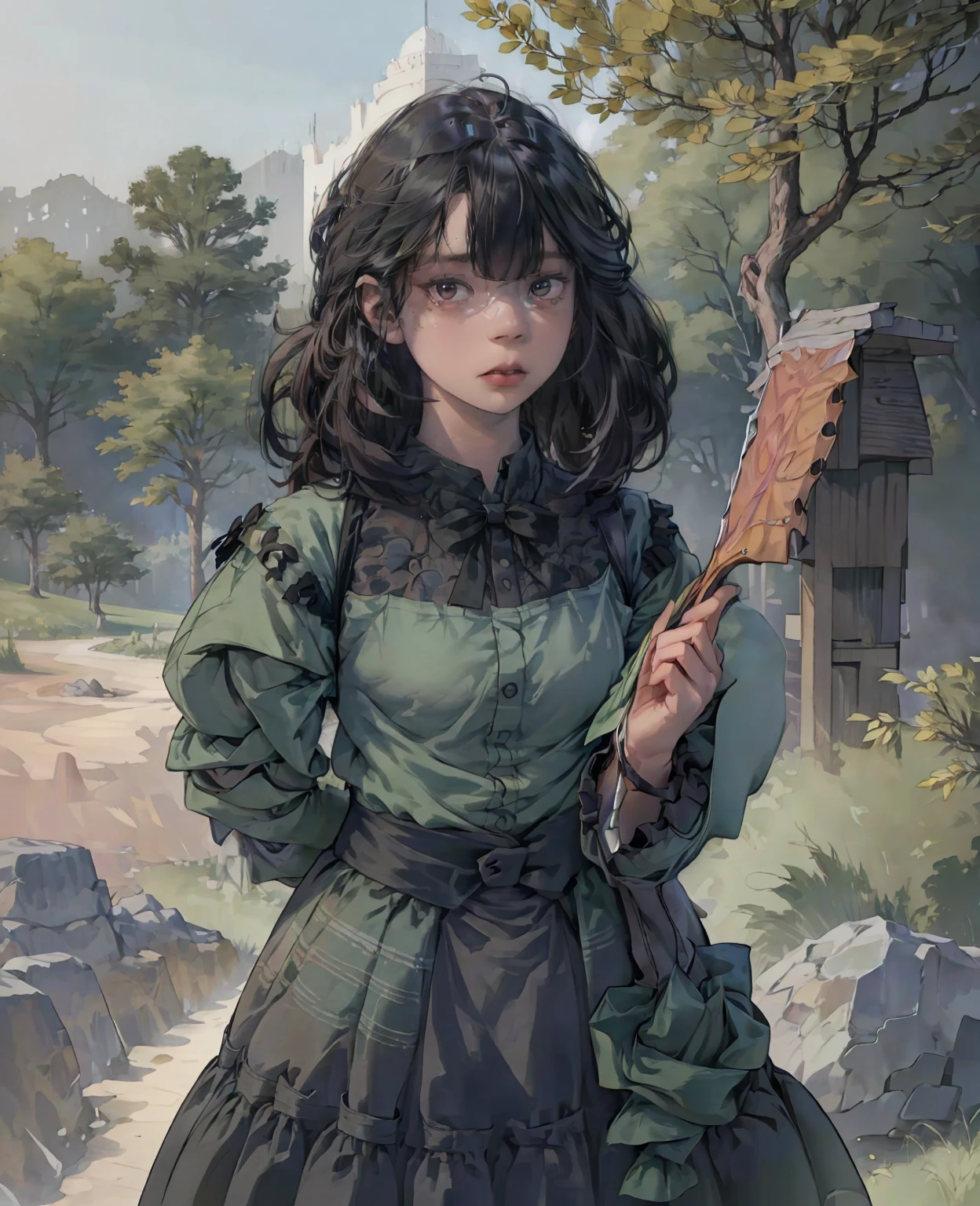 Anya Taylor Joy as goblin girl, green skin, detailed face, long hair, intricate costume, whimsical expression, fantasy forest background, dramatic lighting, painterly style, vibrant colors, cinematic composition, ethereal atmosphere, detailed textures, (best quality,4k,8k,highres,masterpiece:1.2),ultra-detailed,(realistic,photorealistic,photo-realistic:1.37)