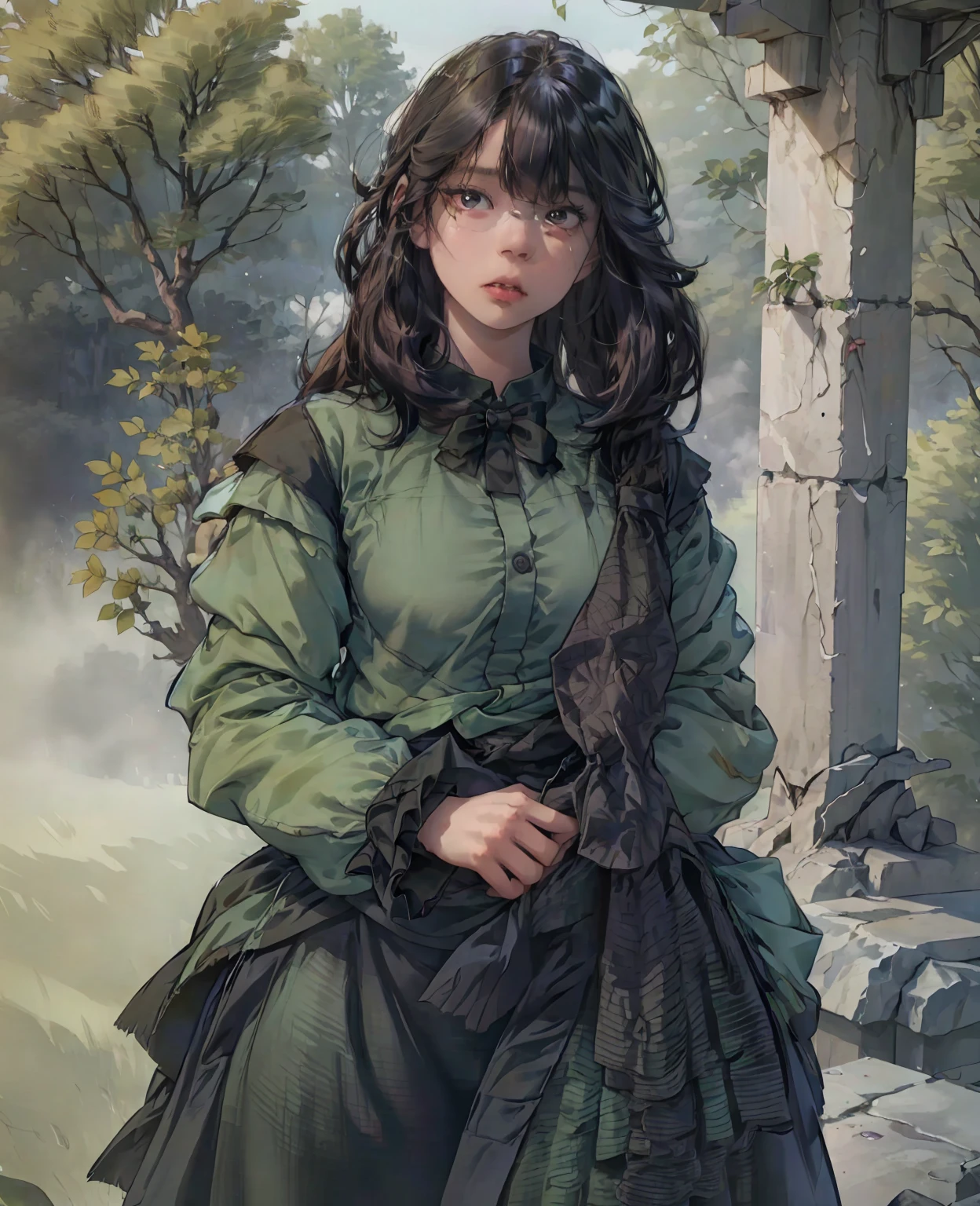 Anya Taylor Joy as goblin girl, green skin, detailed face, long hair, intricate costume, whimsical expression, fantasy forest background, dramatic lighting, painterly style, vibrant colors, cinematic composition, ethereal atmosphere, detailed textures, (best quality,4k,8k,highres,masterpiece:1.2),ultra-detailed,(realistic,photorealistic,photo-realistic:1.37)