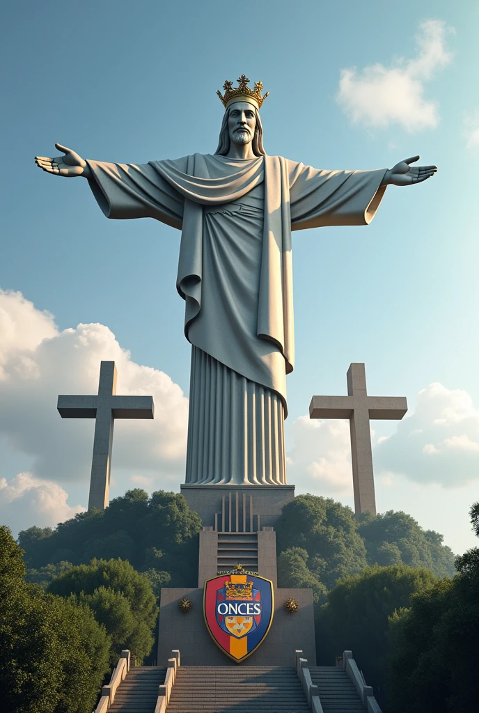 Imagine the statue of Christ the King Cali, Behind the hill of the 3 crosses and in the middle the shield of Once Caldas and that says Cali subsidiary