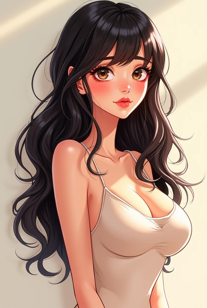 an animated drawing woman with bangs that cover her jaw and also long semi-wavy hair, perfect waist, her height 1.50 and tired eyes and a slight blush and big breasts