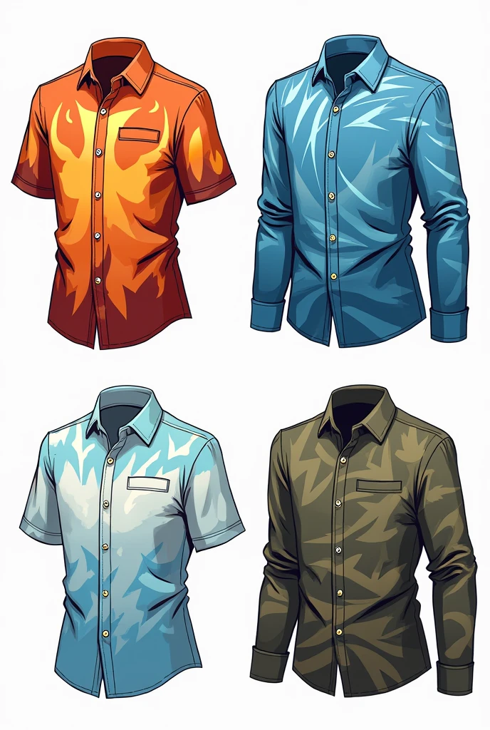 a school shirt with a fire style, another with a water style, one with an air style and another with an earth style
