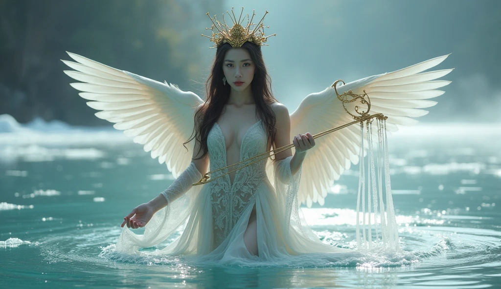 A goddess named Kinnara, half woman and half bird, floating under the waters of an almost frozen river, as if he had just come out of the water. Playing his golden heavenly stringed instrument. Emphasizing its bird characteristics, with discreet wings and a crown of swan wings. She has her legs completely exposed through the dress. The scene is almost frozen, and she is in the foreground. In a very dramatic oriental aesthetic.